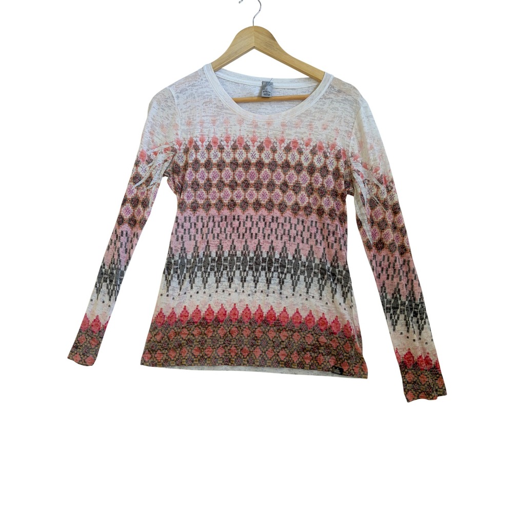 Prana Womens M Burnout Long Sleeve Top Pink Geometric Fair Isle Breathe Tee USA